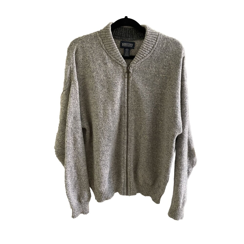 Vintage Lands End Mens Full Zip Wool Blend Cardigan Sz M Gray/green Made In USA